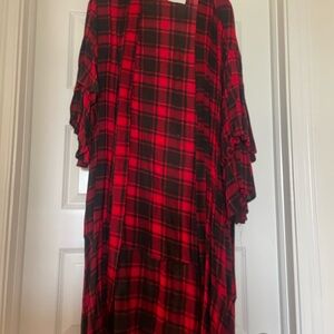 Lush Red and Black Plaid Fabric Cardigan Long